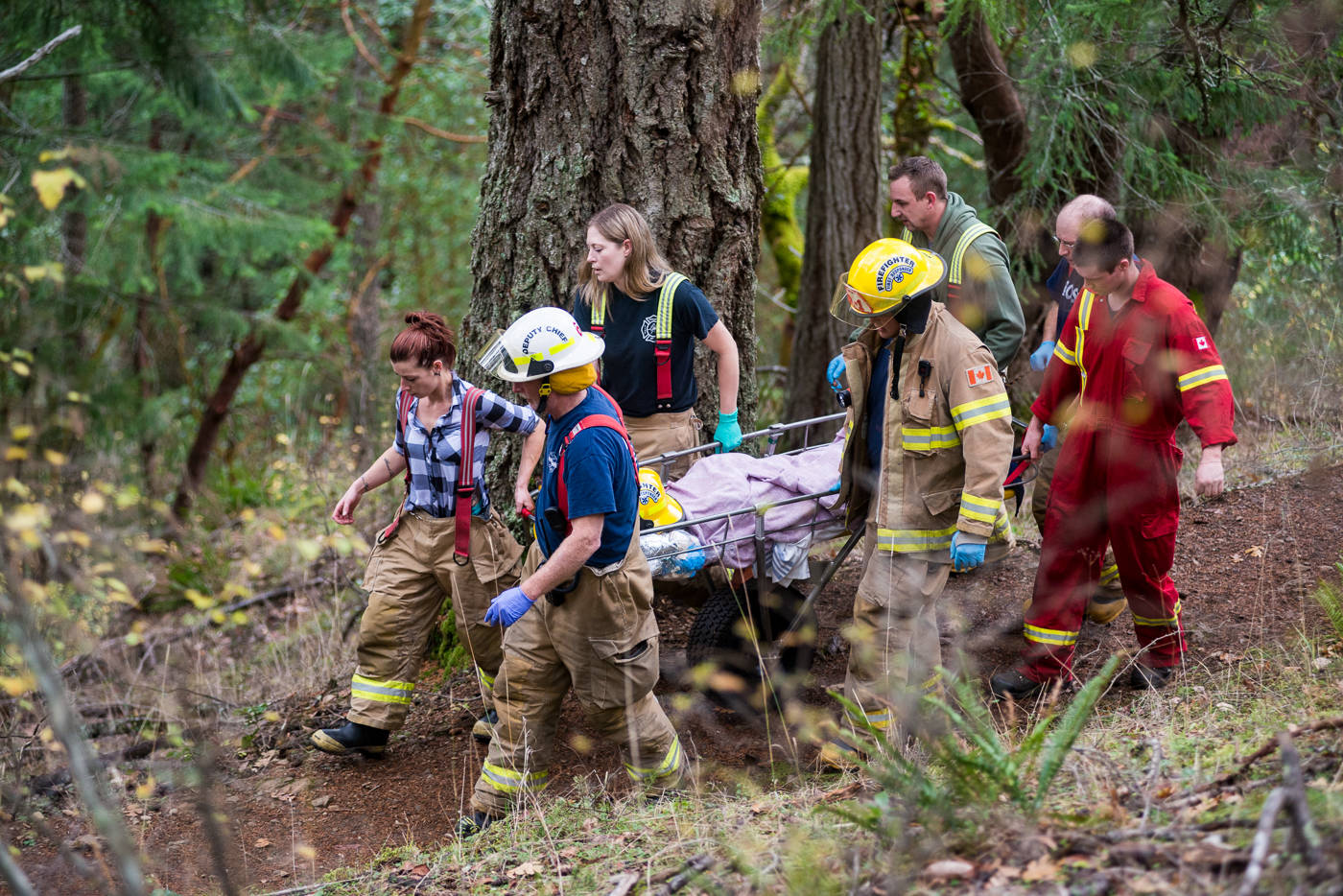 B.C. Ambulance and Highlands Fire Department were called to Lone Tree Hill just after 10 a.m. for a rescue of an injured hiker. The steep terrain presented challenges for the rescue. (Keri Coles/News staff)