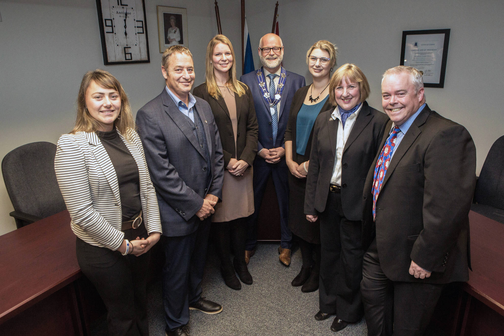 Town of Comox new council (from left) Alex Bissinger, Ken Grant, Nicole Minions, Mayor Russ Arnott, Stephanie McGowan, Maureen Swift and Pat McKenna. Photo by Kim Stallknecht