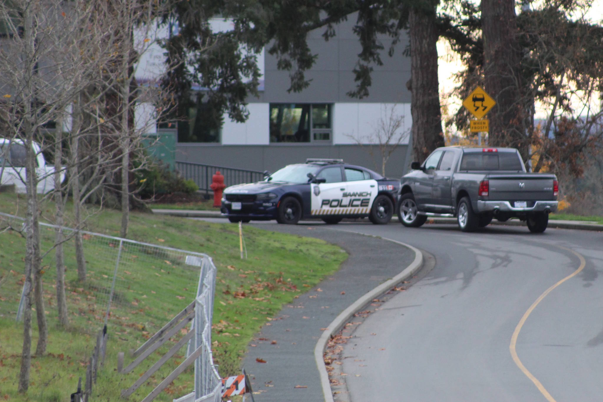 Saanich Police on scene of multiple fires set at Camosun’s Interurban campus. (Wolf Depner)