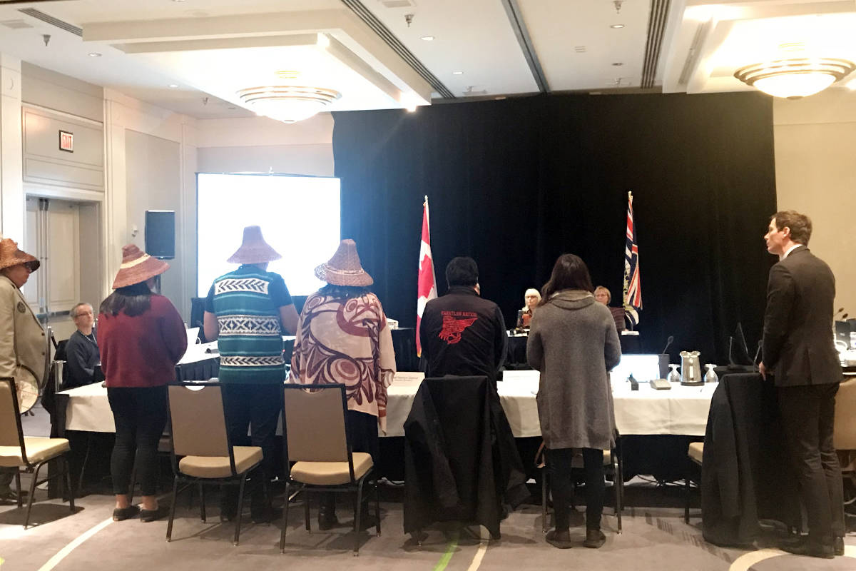 Indigenous groups present arguments to the panel during the four days of hearings in Victoria about how project-related marine shipping may impact their communities, use of traditional territory, or any potential or established treaty or Indigenous rights. (Keri Coles/News staff)
