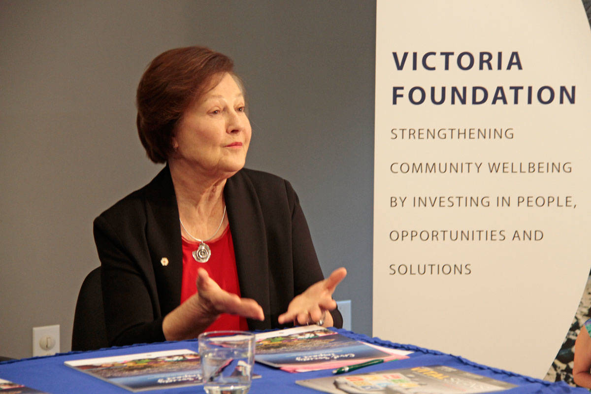 Sandra Richardson, the CEO of the Victoria Foundation, announces the results of a study of social impact of charities in Victoria. (Keili Bartlett/News staff)