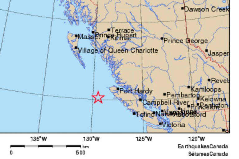 There are no reports of damage, and none would be expected, says Natural Resources Canada, after an earthquake hit off Vancouver Island late Friday night. (Twitter John Cassidy/@earthquakeguy)