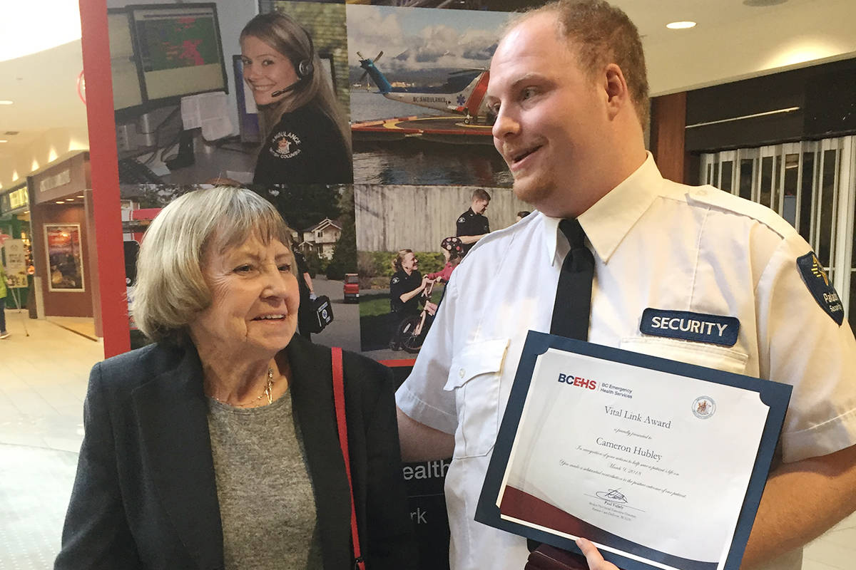 Pamela Morgan and Cameron Hubley gather for a photo after Hubley was honoured last week for saving Morgan’s life. (Contributed photo)