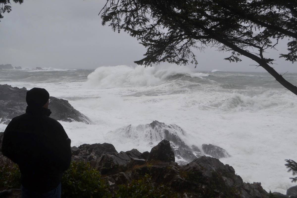 A West Coast resident watches a giant wave crash down from a safe viewing platform on Ucluelet’s Wild Pacific Trail. (Nora O’Malley / Westerly News)