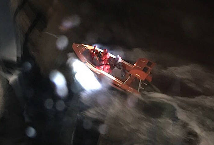 A zodiac boat was launched from a BC Ferries vessel to rescue a boater whose vessel was sinking in the waters off Sidney Monday evening. (Contributed/Debbie Wiecke)