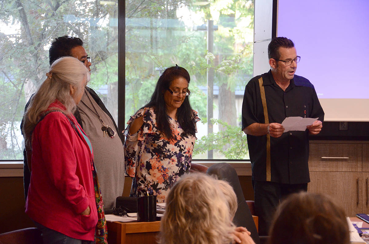 District principal of Indigenous education Greg Johnson (right), educators and mentors talk about work on preserving local indigenous language to the board of education at meeting earlier this year. File photo/Campbell River Mirror