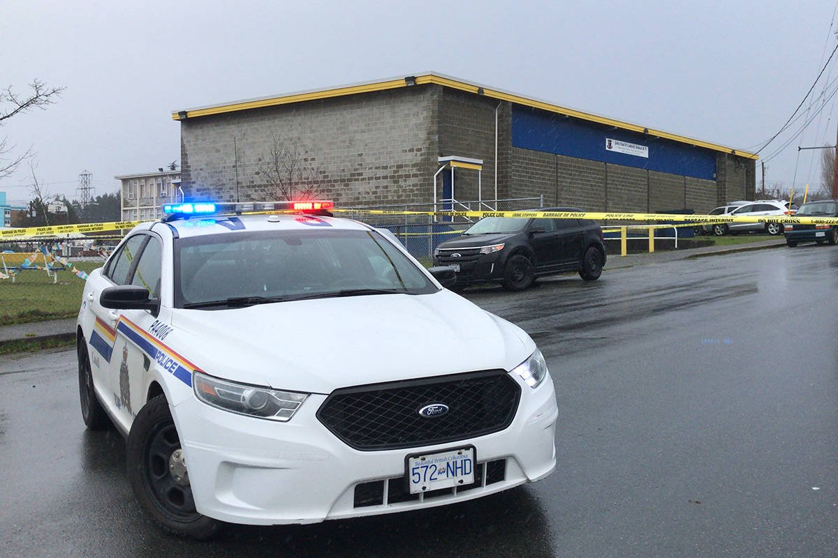 Port Alberni RCMP have cordoned off an area near the Port Alberni Shelter and John Paul II School on Eighth Avenue after a suspected explosive device was discovered. SUSAN QUINN PHOTO