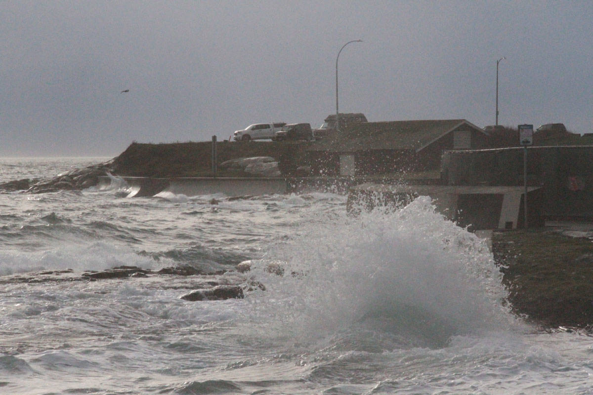 A windstorm warning is in effect for most of Vancouver Island, as waves pound beaches along Dallas Road and BC Ferries trips are cancelled for Dec. 20. (Keili Bartlett/News staff)