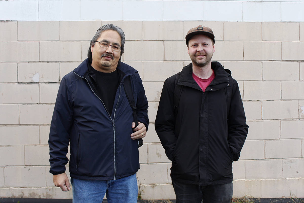 Frank Osawamick and Galen Rigter make up the AIDS Vancouver Island Harm Reduction and Overdose Response Team. The mobile outreach team meets people where they’re at and provides them with harm reduction supplies or they can be on hand with overdose prevention supplies. Photo by Jolene Rudisuela