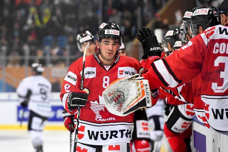 Dante Fabbro (No. 8) picked up two goals in an earlier game at the Spengler Cup, and added an assist in Sunday’s 4-2 semifinal win over the Nürnburg Ice Tigers in Davos, Switzerland. Keystone photo
