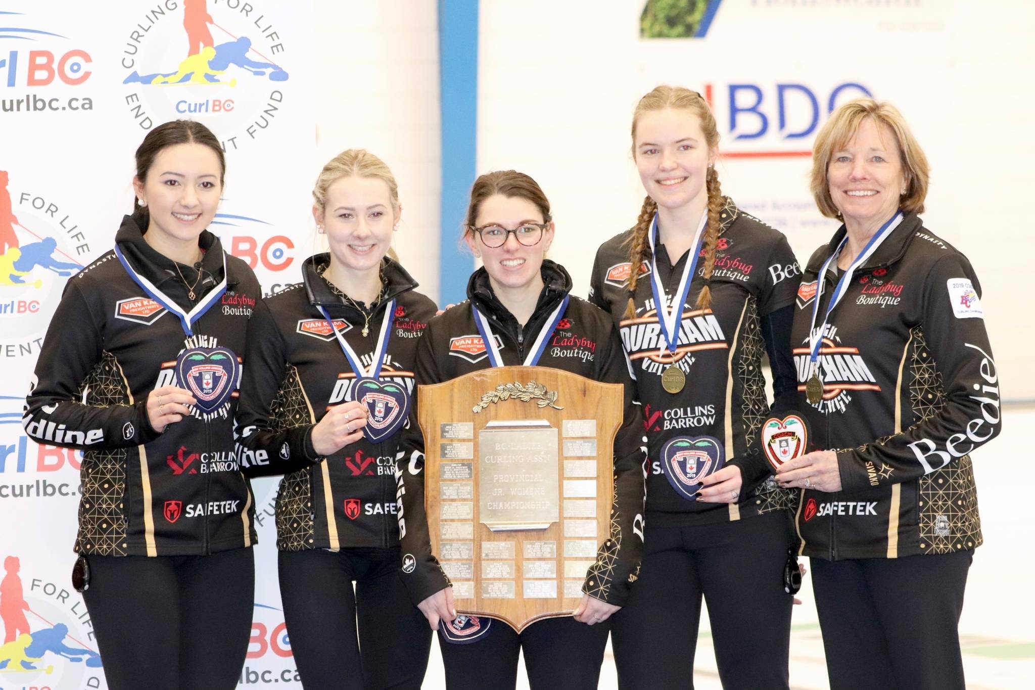Team Daniels of Delta B.C. won the provincial junior women’s crown in Vernon Tuesday. From left are skip Sarah Daniels, third Kayla MacMillan, second Jessica Humphries, lead Sarah Loken and coach Katie Witt. (John K. White/Morning Star)