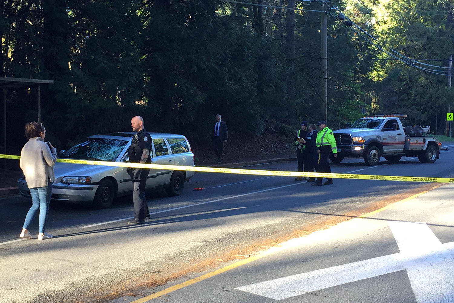 This was the scene Sunday afternoon in North Saanich after a Volvo struck a pedestrian Dec. 30. Sidney/North Saanich RCMP report the man has since died of his injuries. (Wolf Depner/News Staff)