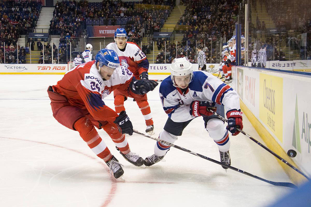 Team USA beat the Czech Republic 3-1 after an empty net goal in the quarterfinals of the 2019 World Junior Championship in Victoria. (Katherine Engqvist/News staff)