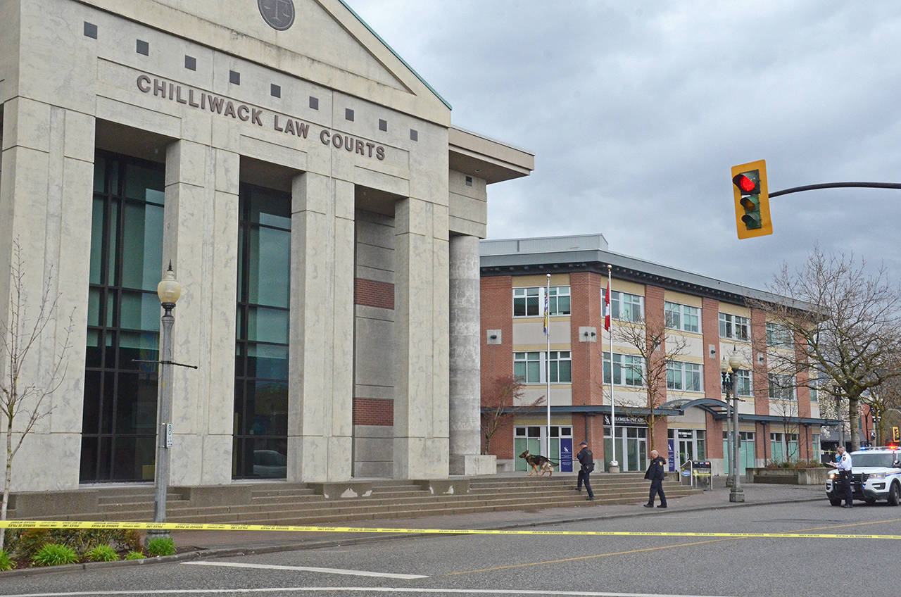 There were at least three fake bomb threats, or ‘swatting’ incidents, at the Chilliwack Law Courts in 2018. A huge police presence was in the Eastern Hillsides on Jan. 7 after another swatting incident, according to RCMP. (Paul Henderson/ The Progress)