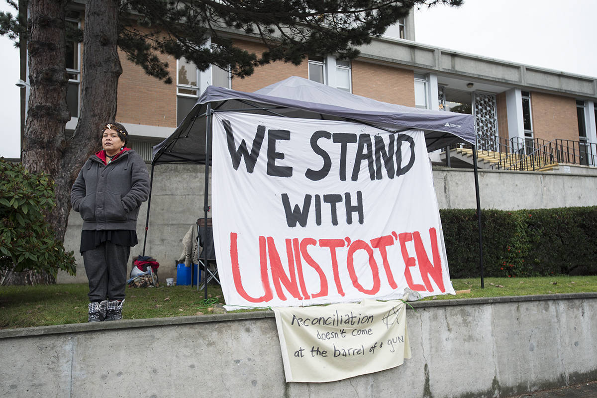 Members of Namegans Nation homeless and housing protest spent the night camped on the grounds of Victoria Law Courts ahead of their court appearance Wednesday. (Keri Coles/News staff)