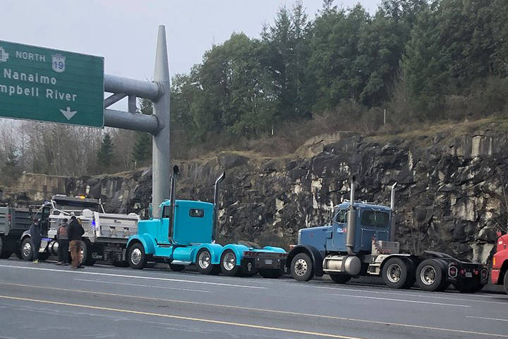 Trucks stage Sunday for a convoy in memory of Linden Baglo, the eight-year-old Nanaimo boy who was struck and killed by a pickup truck while he was riding his bike earlier this month. SWEENIE MOVING photo/Facebook