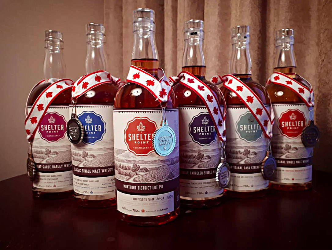 Six whiskies produced by Shelter Point Distillery were recognized at the Canadian Whisky Awards in Victoria on Jan. 18. Photo courtesy Shelter Point Distillery