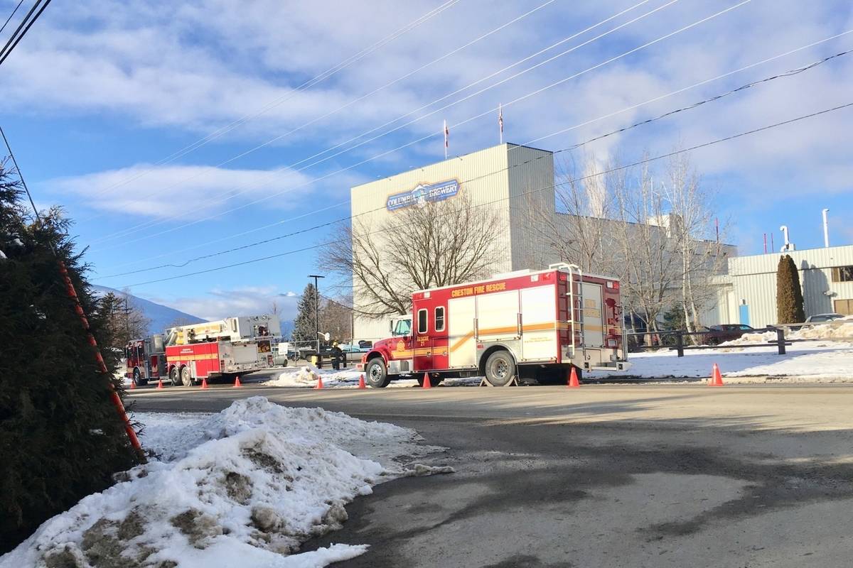 Creston Fire Rescue personnel and equipment are on site using portable sensors to monitor air quality outside of the Columbia Brewery Company in Creston, British Columbia due to a suspected ammonia leak. (Photo credit Lorne Eckersley)
