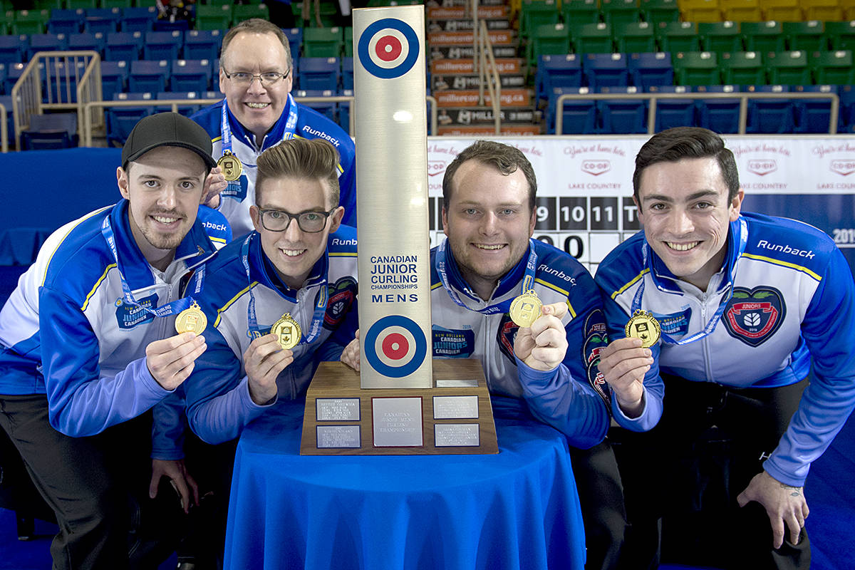At the New Holland Canadian Junior Curling Championships today (Sunday), Team BC – with Skip Tyler Tardi, third Sterling Middleton, second Matthew Hall, lead Alex Horvath, and coach Paul Tardi – earned the gold. It’s the third national triumph for Tardi and Middleton. (Michael Burns/Curling Canada)