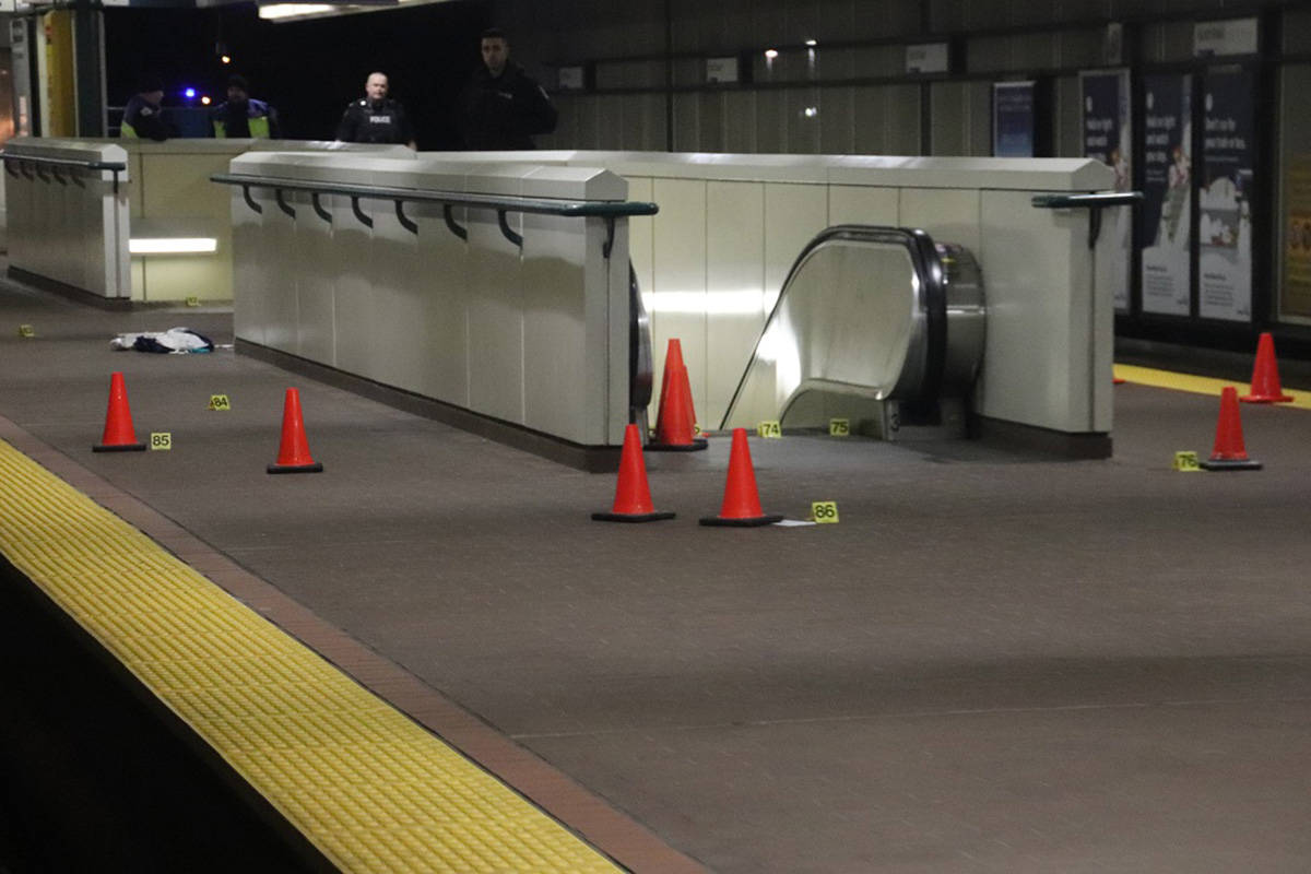 Police investigate the scene at Scott Road SkyTrain after Constable Josh Harms of the Metro Vancouver Transit Police was shot on Jan. 30. (Photo: Shane Mackichan)