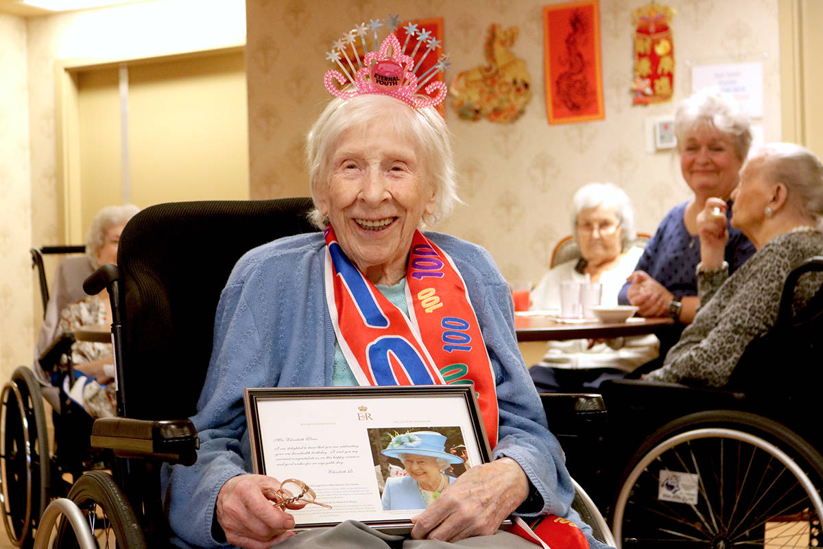 Elizabeth Viens celebrated her 100th birthday, complete with a party hat reading “eternal youth” and a birthday sash. Miranda Fatur Black Press Media