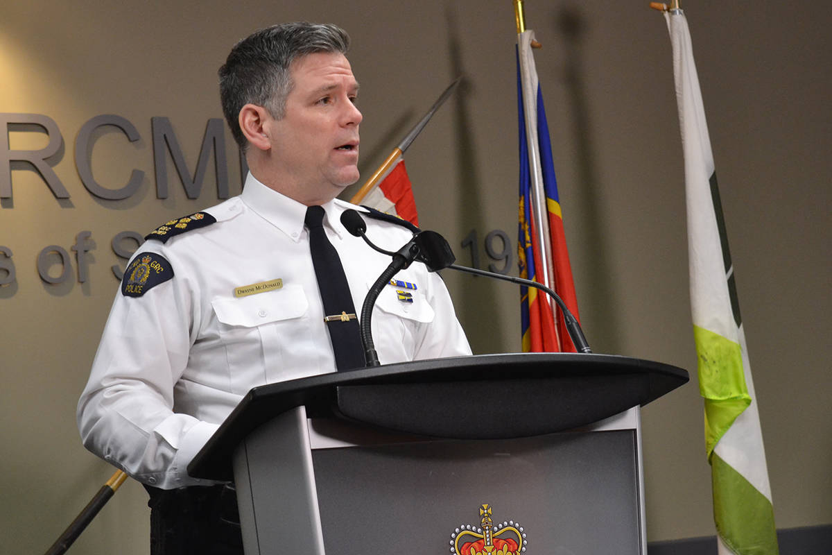 Surrey RCMP Assistant Commissioner Dwayne McDonald speaks to media Sunday. (Aaron Hinks photo)