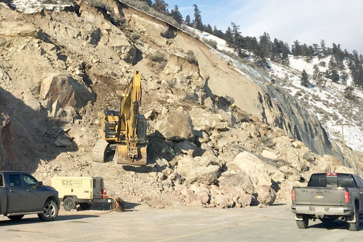 Highway 97 between Summerland and Peachland was expected to reopen Wednesday, but a new crack in the hillside has delayed work on the slope. File photo