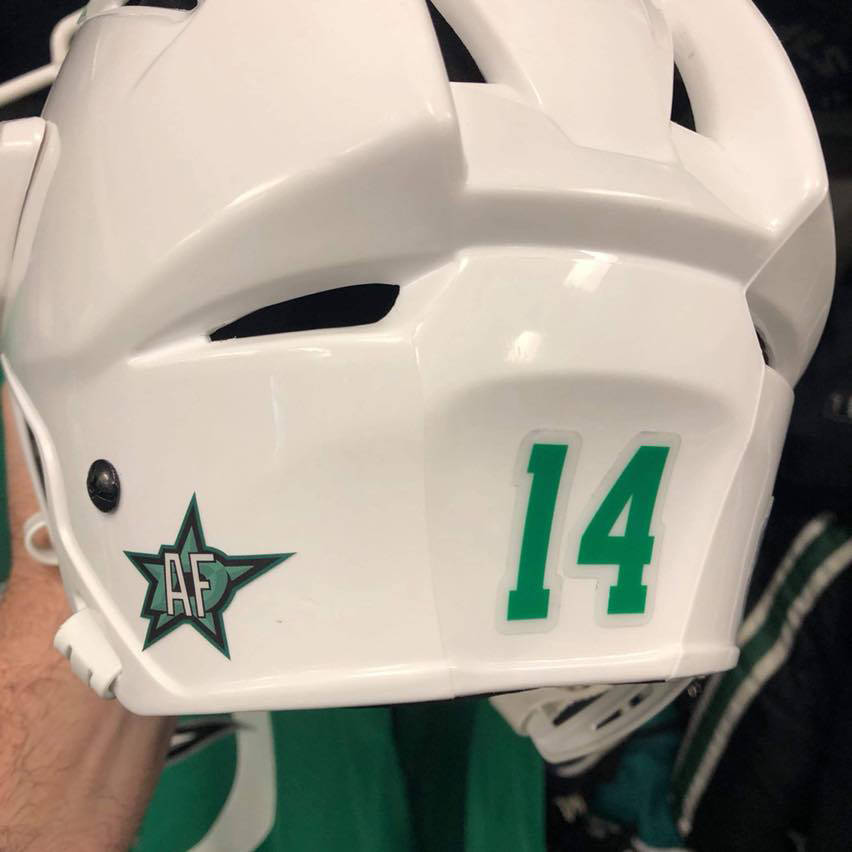The Dallas Stars forward Jamie Benn’s helmet with Arlene Forbes’s initials. The club honoured Arlene during a mothers’ trip last week. (Photo contributed)