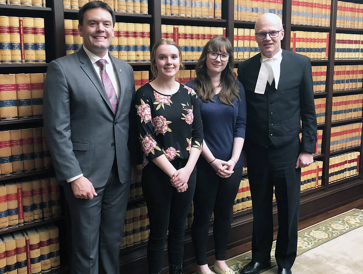 Ottawa experience is one two Chemainus Secondary school students won’t soon forget. From left: MP Alistair MacGregor, Hannah Pachet, Morgan Bottomley and House Speaker Geoff Rega. (Photo submitted)