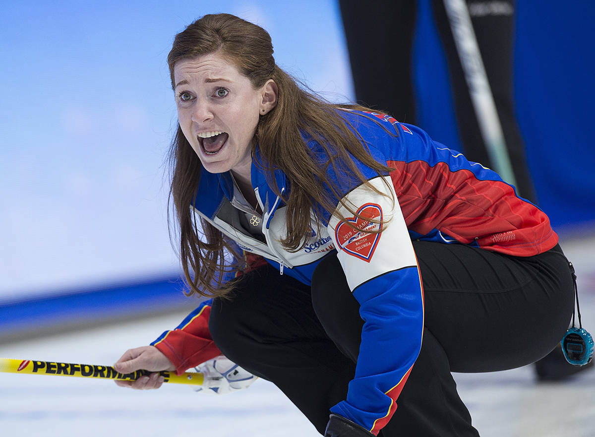 British Columbia skip Sarah Wark directs her team as they play the Wild Card team in championship pool action at the Scotties Tournament of Hearts at Centre 200 in Sydney, N.S. on Friday, Feb. 22, 2019. (Andrew Vaughan/The Canadian Press)