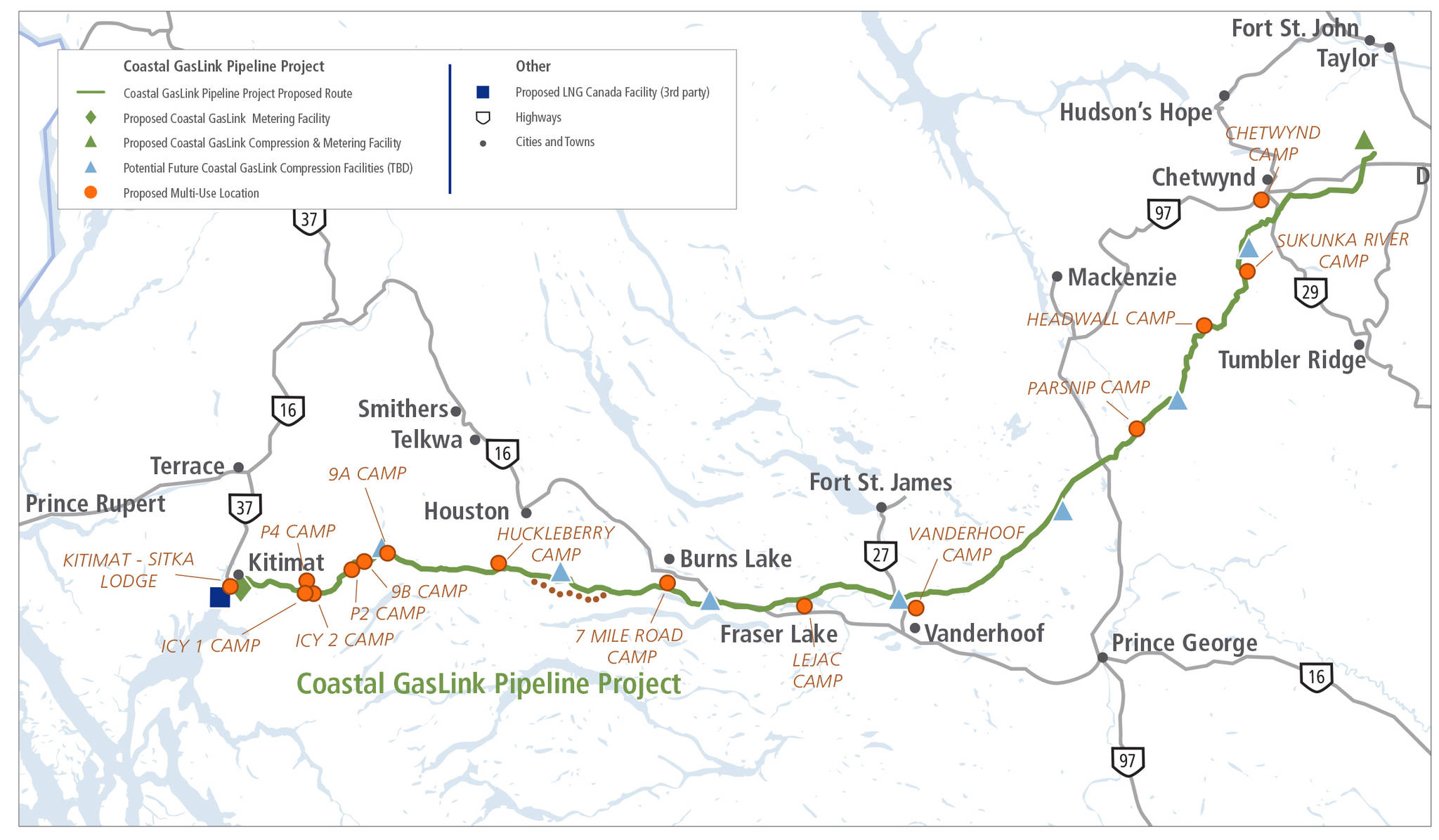 Map showing locations of 14 construction camps CGL intends to build along the length of its pipeline. (CGL graphic)