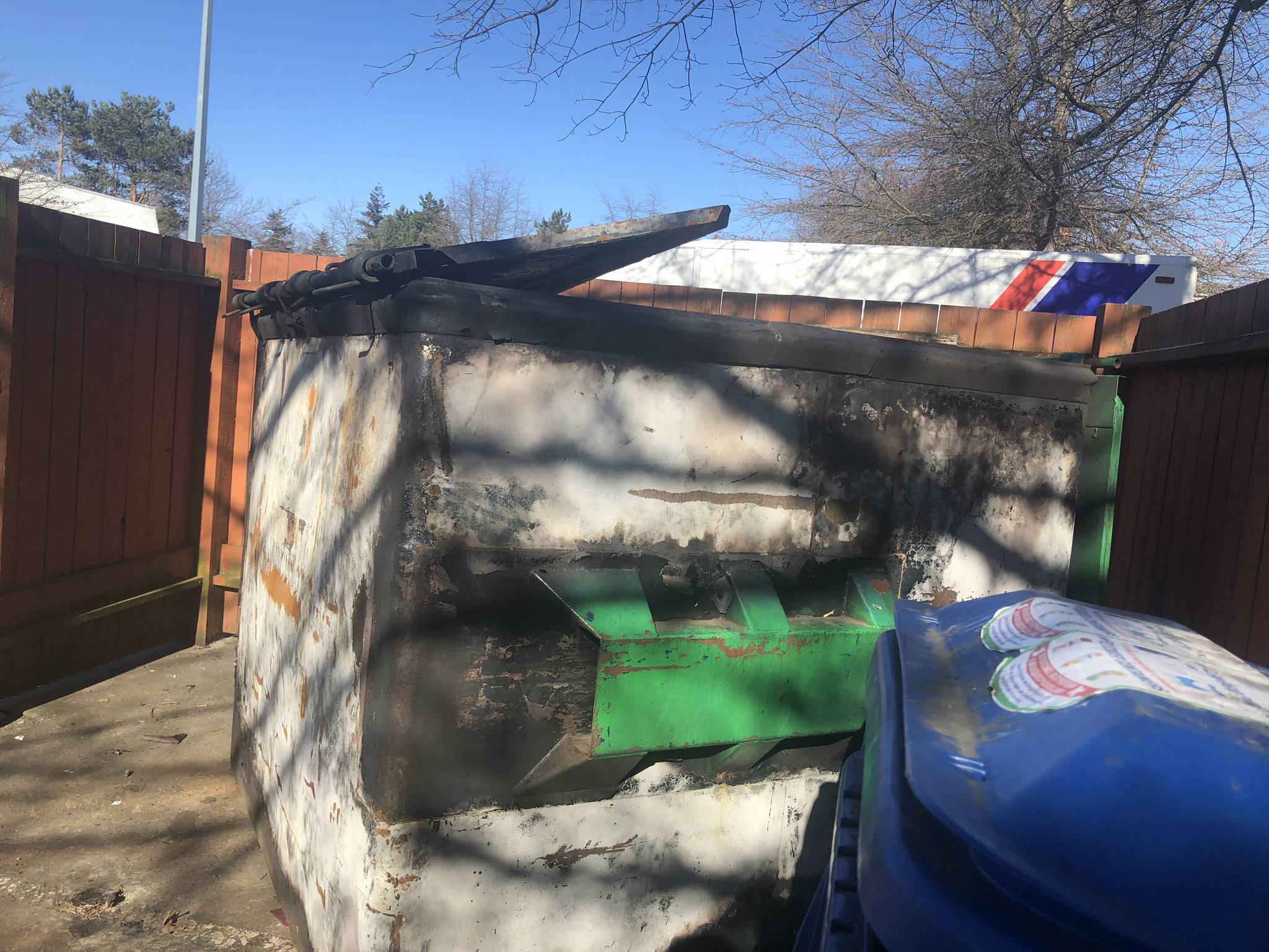 This dumpster behind Save On Foods grocery store in Saanich Plaza was set on fire early Saturday morning. (Travis Paterson/News Staff)