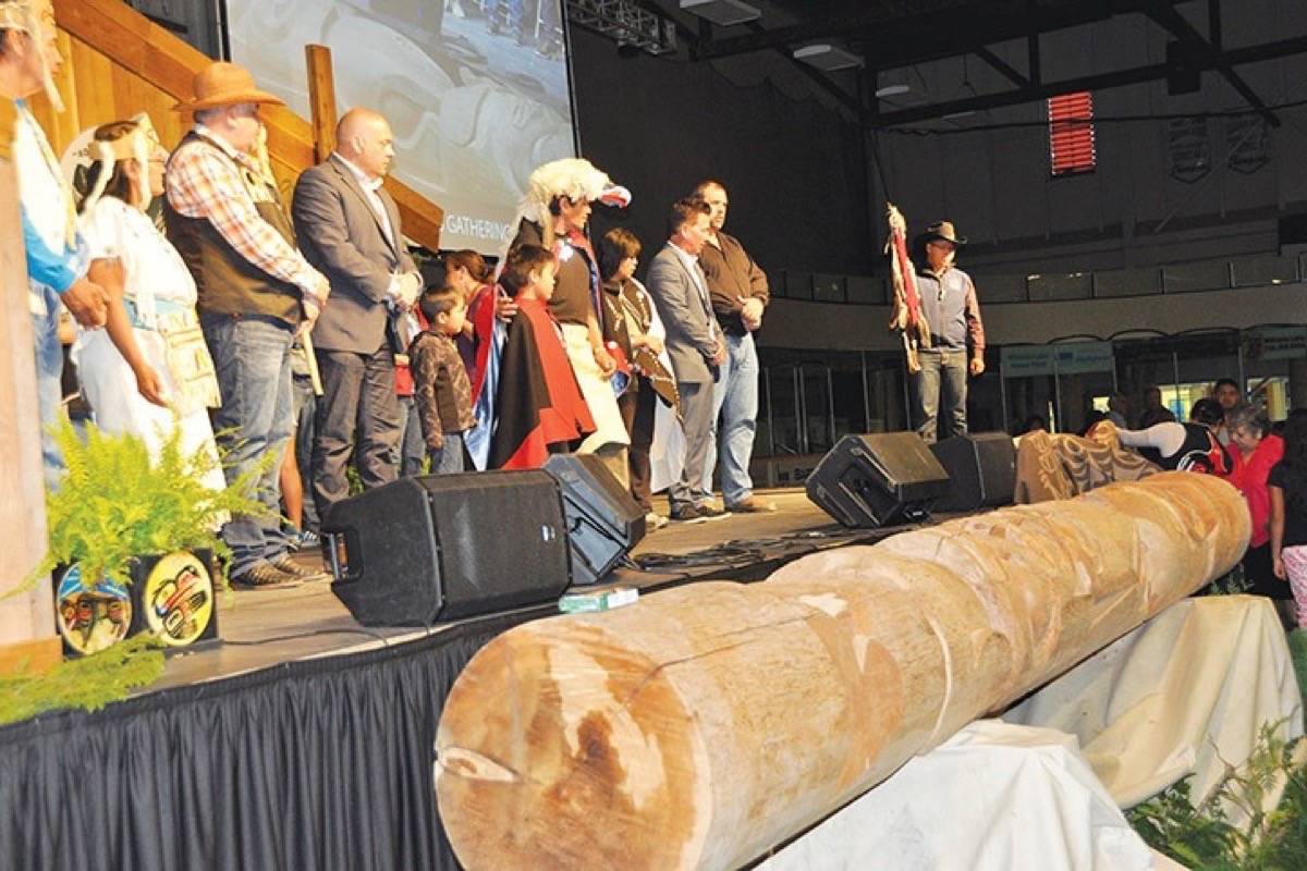A totem pole carved for Tl’etinqox to give as a gift to the City of Williams Lake will not be going into Boitanio Park after all. Here the pole was presented in 2016 during the 40th Annual Elders Gathering held in Williams Lake. (LeRae Haynes/Williams Lake Tribune)