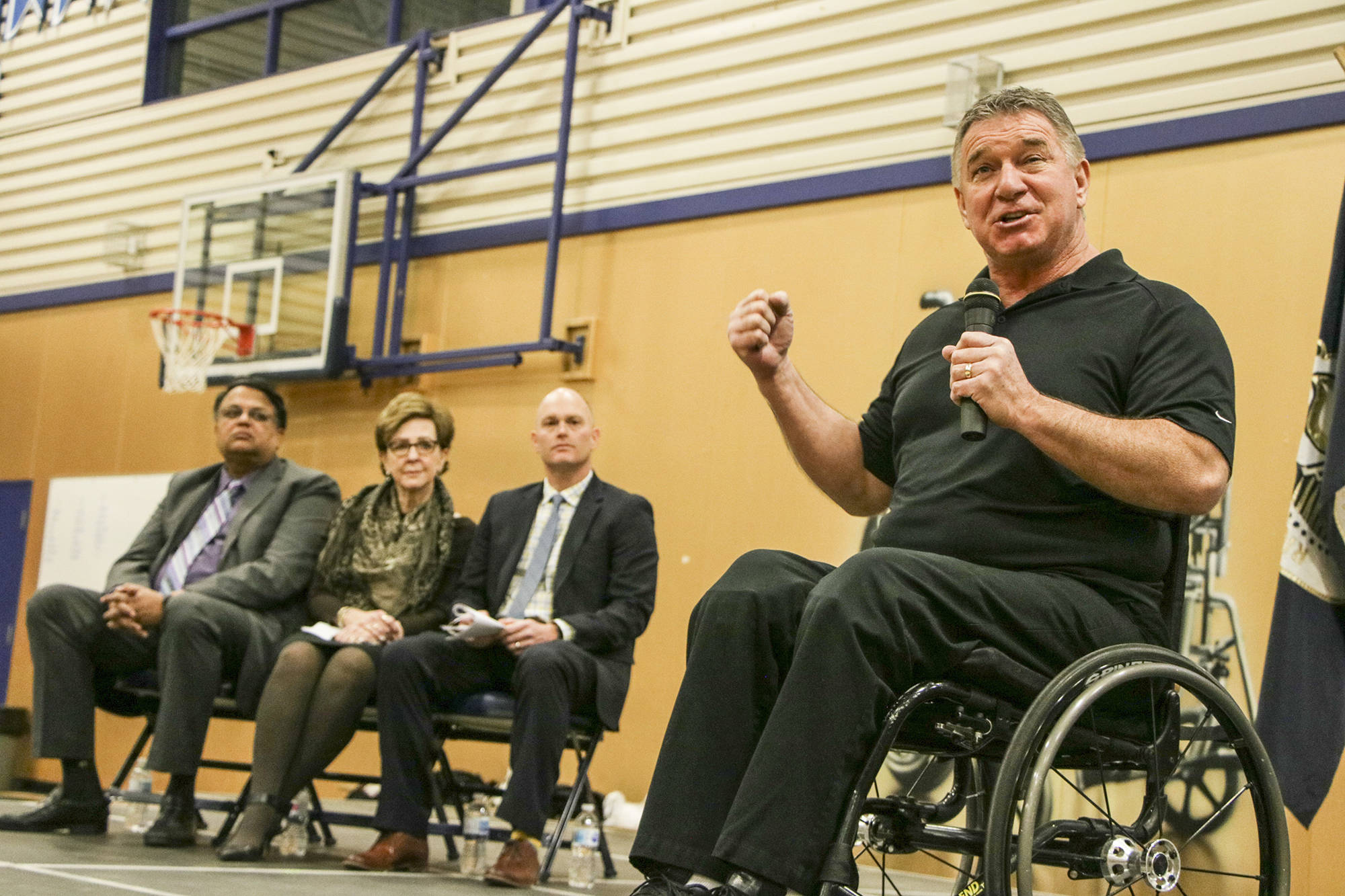 Rick Hansen was at Abbotsford’s Rick Hansen Secondary School, named after the famed disabled athlete, to announce that the school had received his foundation’s first “gold” rating for accessibility Wednesday morning. Dustin Godfrey/Abbotsford News