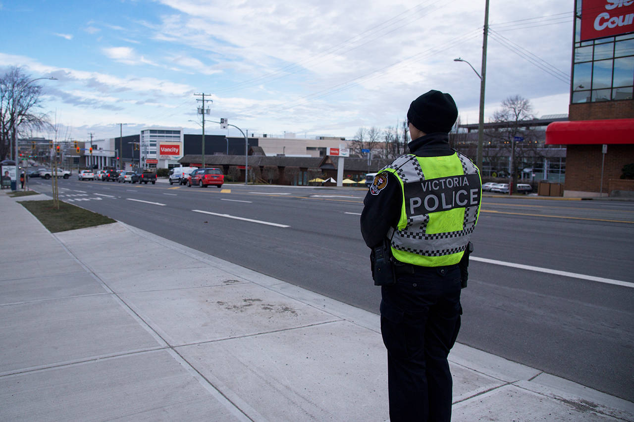The Victoria Police Department has officers stationed around Victoria today as ICBC and police from the Capital Region target distracted drivers. (Nicole Crescenzi/News Staff)
