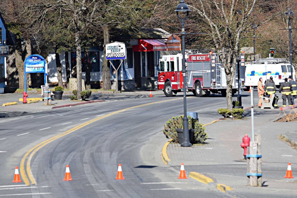 First responders at the scene of a gas leak following a motor vehicle incident on the Island Highway Sunday. Photo by David Gordon Koch/Campbell River Mirror
