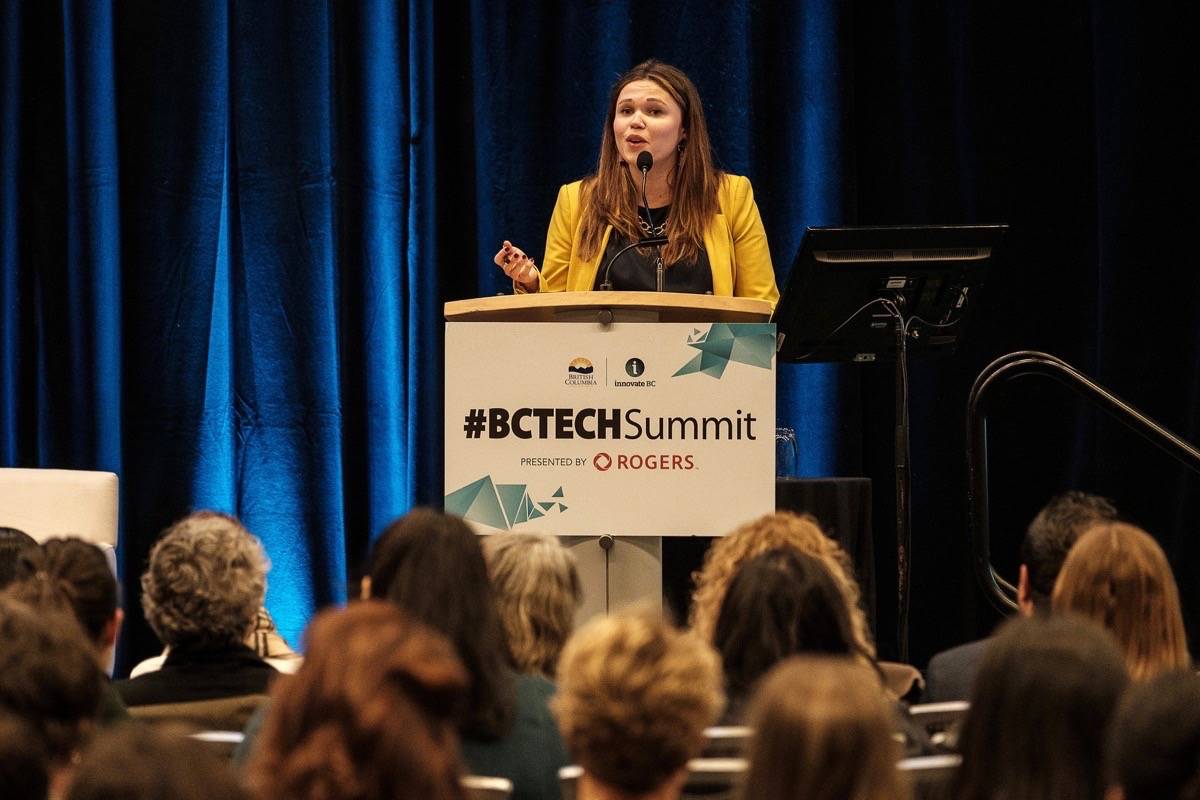 Paulina Cameron, CEO of the Forum for Women Entrepreneurs, speaks to B.C. Tech Summit in Vancouver. (B.C. government)