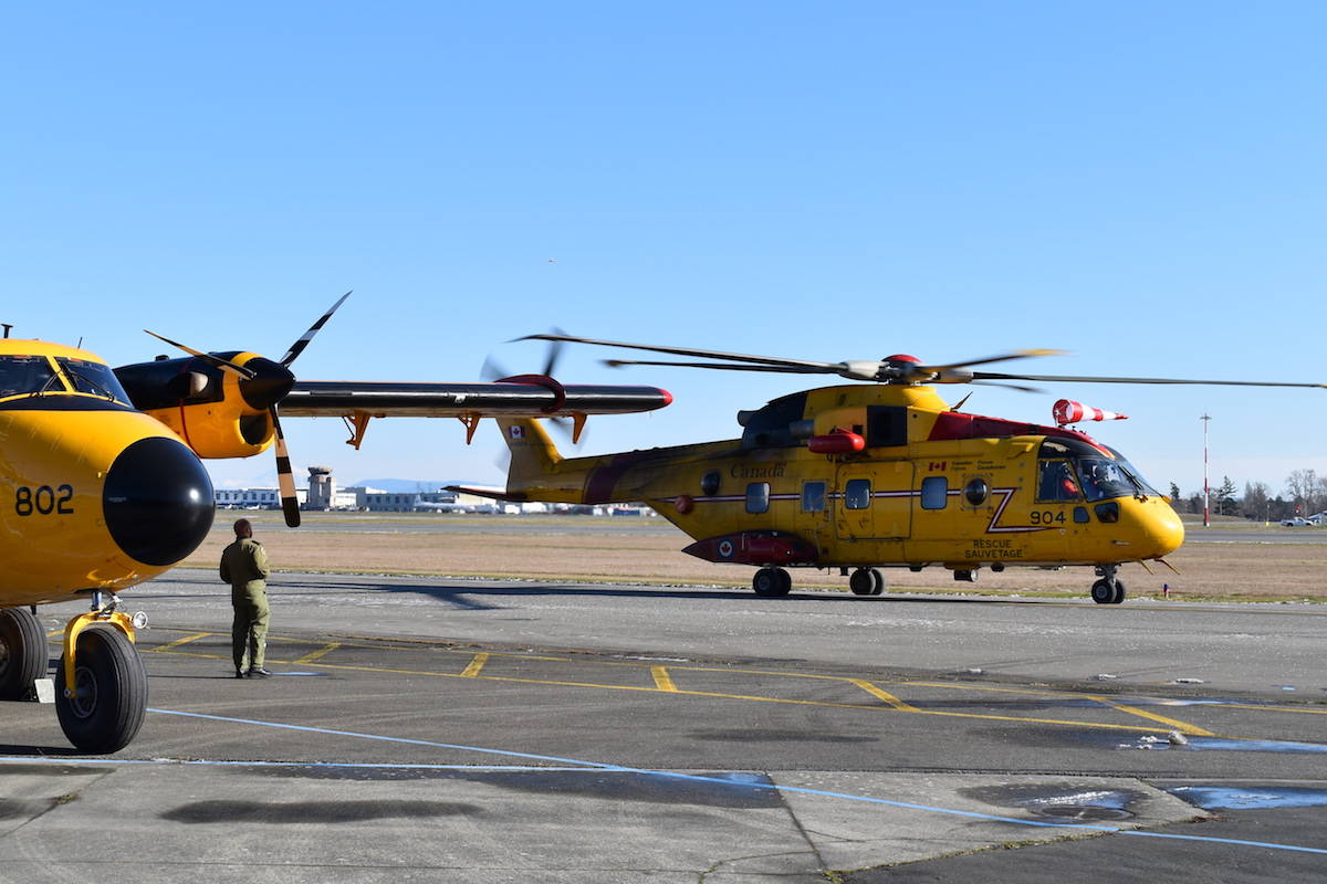 A 442 Squadron Search and Rescue Cormorant helicopter, likely to be the one used at the Gulf Islands Fire/Rescue Cadet Camp. (Nick Murray/News Staff)