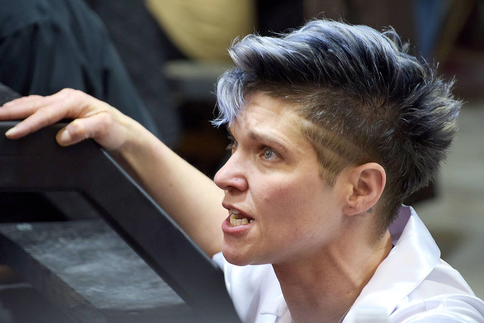 Salmon Arm Bulldogs Boxing coach Peggy Maerz watches as Jordan Metz takes on Dominic Barbosa in an exhibition match during the Hit 2 Fit charity boxing event at Westgate Public Market on Saturday, March 11.