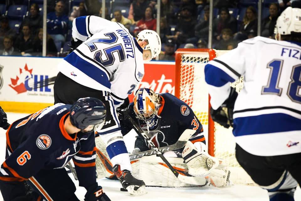 The Kamloops Blazers beat the Victoria Royals in Game 2 of the first series of the WHL playoffs on March 23 at the Save-On-Foods Memorial Arena. (Spencer Pickles/News Staff)