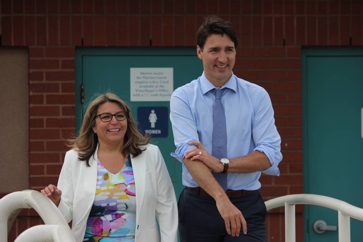 Canadian Prime Minister Justin Trudeau and Nanaimo-Ladysmith byelection candidate Michelle Corfield walked along Nanaimo’s harbourfront walkway on March 25. Trudeau was in town in order to support Corfield, who is hoping to become Nanaimo’s next member of Parliament. A byelection will take place on May 6. (Nicholas Pescod/NEWS BULLETIN)