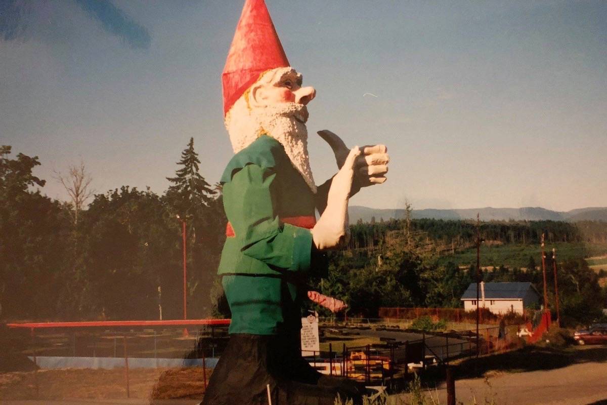 Howard, the world’s tallest gnome, located along the Island Highway near Nanoose Bay will be moved to Galey Farms in Saanich. - Facebook photo/Howard the Worlds Tallest Gnome
