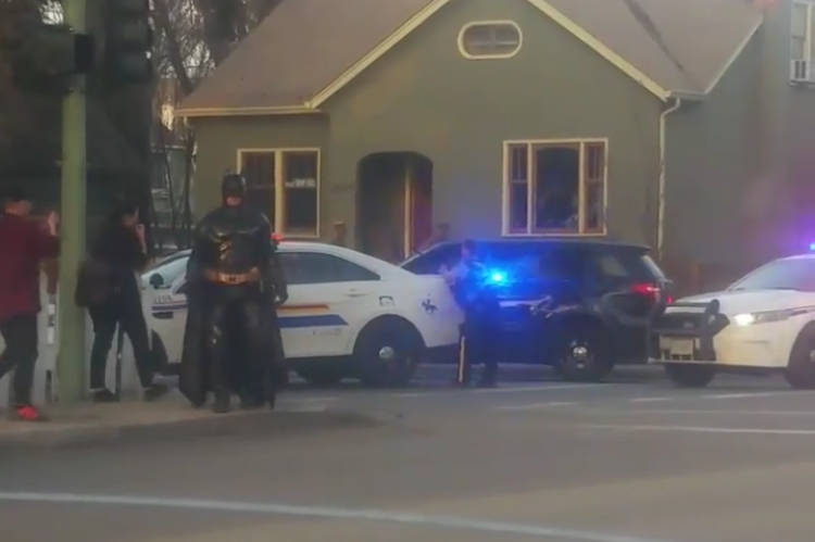 Batman was seen wandering around Kelowna Saturday night as a police incident was unfolding in Kelowna’s Pandosy area. - Melissa Parent