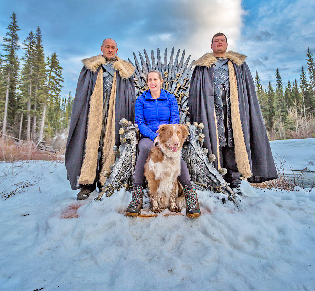 Natasha Lycett, a Williams Lake raised employee of Conuma Coal, sits atop the Throne of Ice, flanked by Night’s Watch guards. Lycett said the experience of sitting on the throne was “bigger than life” and left her “starstruck”. “I think it’s great for our community and has definitely created hype. Tumbler Ridge is the perfect backdrop for and Ice Throne as we are surrounded by incredible frozen waterfalls.” Collin Ball photo