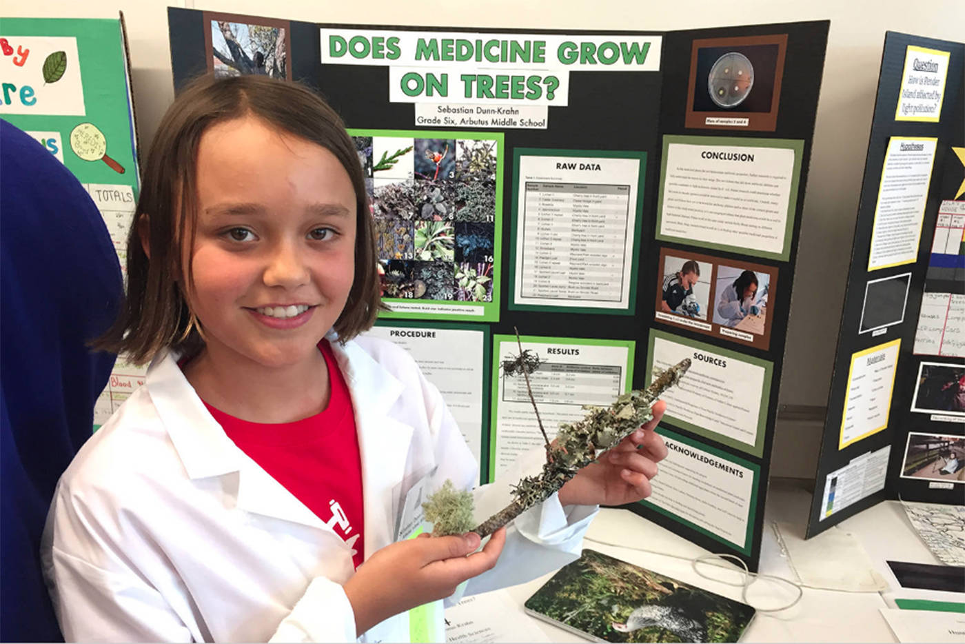 Sebastian Dunn-Krahn, a Grade 6 Arbutus middle school student, discovered that the Usnea Lichen growing near his Cadboro Bay home offers an alternative to traditional antibiotics. (Wolf Depner/News staff)