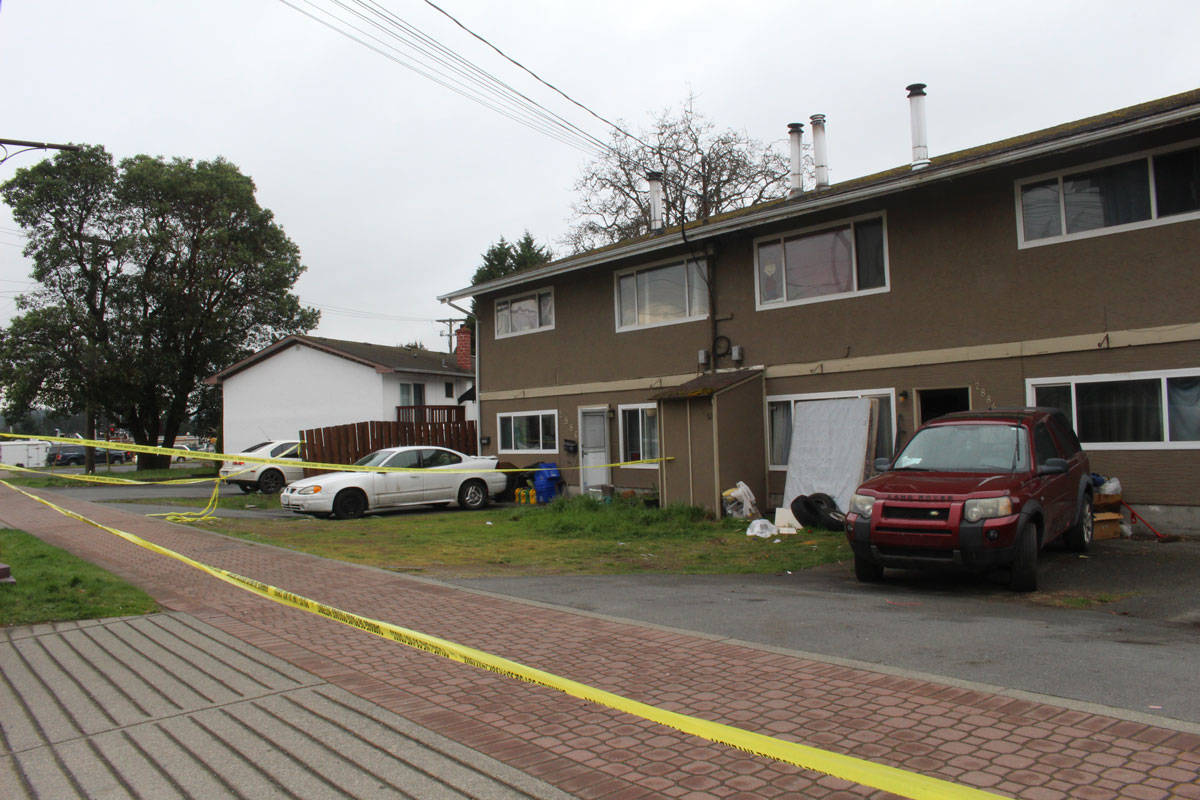 A Langford home in the 2800-block of Jacklin Road is still cordoned off by police tape after reports of a shooting early Friday morning. (Shalu Mehta/News Staff)