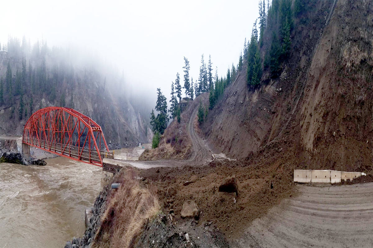 A washout closed access to the Rudy Johnson Bridge west of Williams Lake Friday morning. (Tsilhot’in National Government/Facebook)