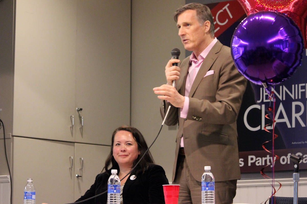 People’s Party of Canada candidate Jennifer Clarke and party leader Maxime Bernier speak at town hall at the Nanaimo Yacht Club on Monday. (Nicholas Pescod/NEWS BULLETIN)