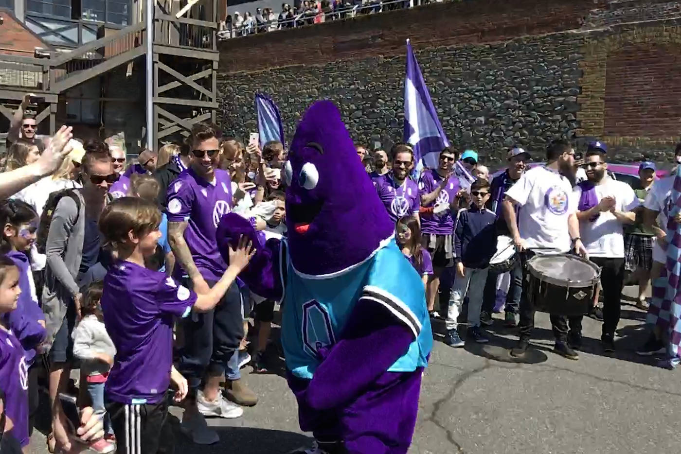 Stewie the Starfish made a grand entrance as the Pacific FC mascot, when he was led into the area by drums and cheers, before hi-fiving people in the crowd. (Keri Coles/News staff)