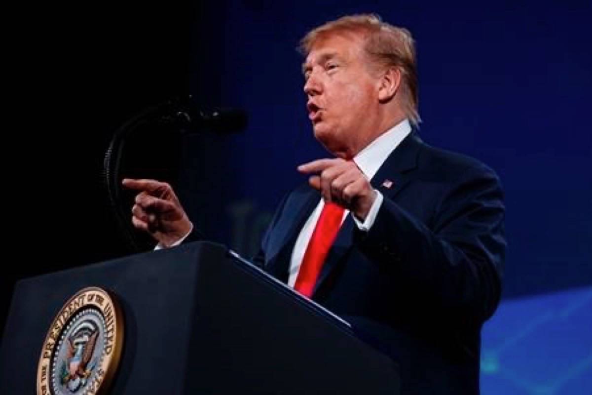 President Donald Trump speaks to the annual meeting of the National Rifle Association, Friday, April 26, 2019, in Indianapolis. (AP Photo/Evan Vucci)